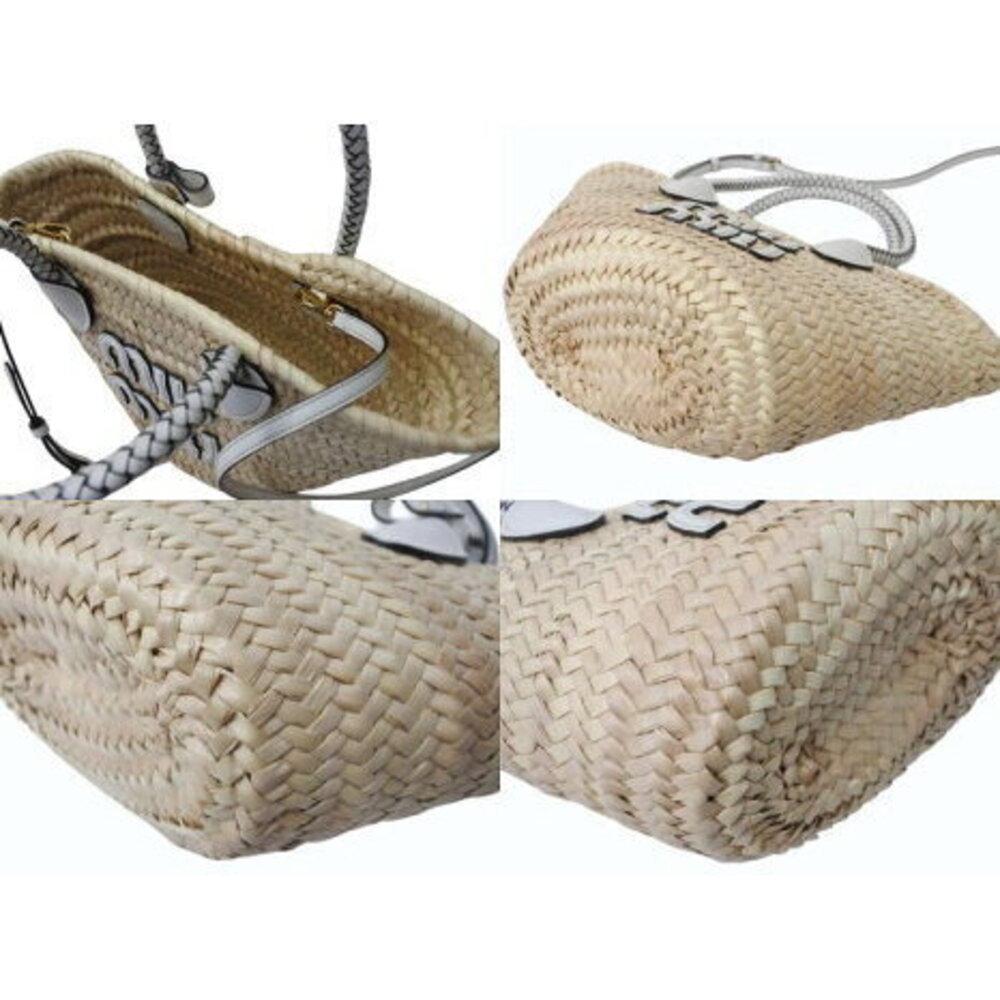 Miu Miu basket bag raffia leather logo patch Beige Tan white - Picture 6 of 8